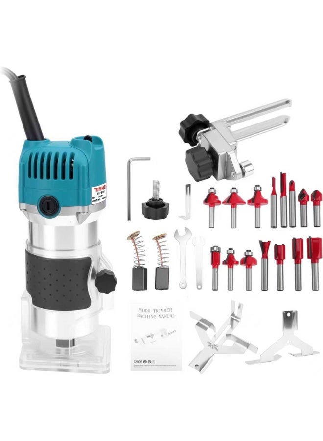 ZLH HITY Palm Router Tool, 800W 30000Rpm Electric Woodworking Hand Router with Trimmer Base & 15Pcs 1/4"(6.35mm) Router Bits Set, 220V Wood Trimmer Router - Image 1